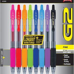 Pilot, G2 Premium Gel Roller Pens, Fine Point 0.7 mm, Assorted Colors, Pack of 8